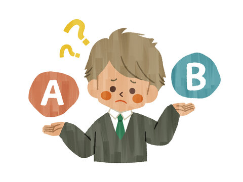 比較をしている困った表情の男子学生-ガッシュ
