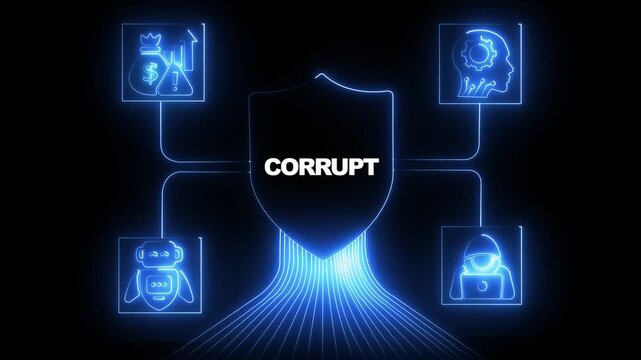 Cyber security shield concept: digital corruption, data breach, and online threat protection animation