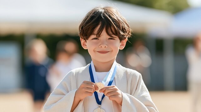 Young boy proudly wearing a martial arts medal, smiling after a competition or achievement