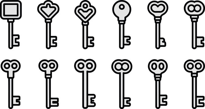 Art & IllustrationVintage Antique Key Line Icon Set with Simple Classic and Heart Shape Outline Symbols for Mystery, Security, and Graphic Designs