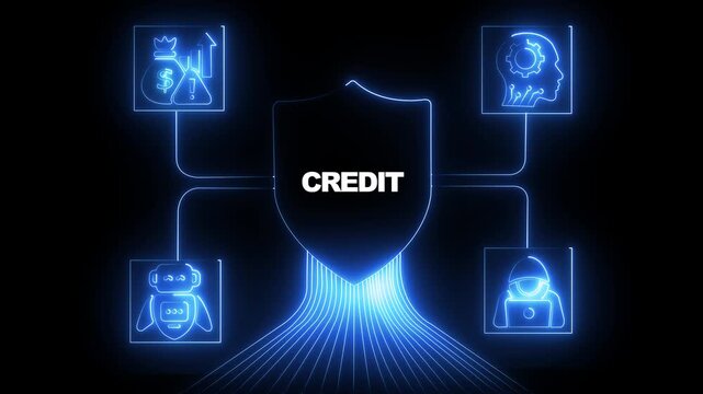 Digital credit security shield concept: cyber protection, financial data privacy, and ai technology infographic animation
