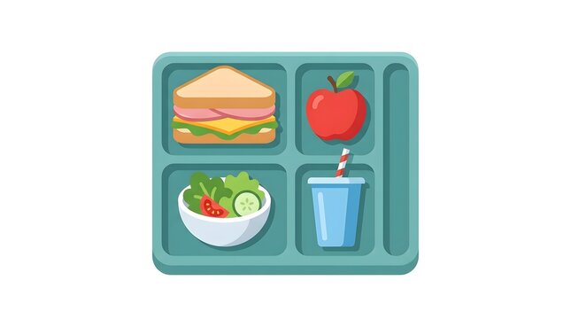 Cute school lunch tray with sandwich apple salad and drink icon