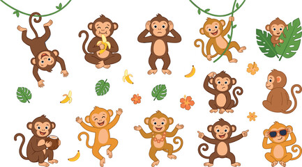 Cute Cartoon Jungle Monkey Character Icon Set with Various Poses Eating Bananas Hanging on Vines and Dancing for Kids Nursery and Apparel Designs