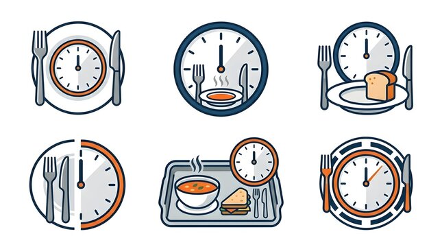 Scheduled meal time and lunch break icons set featuring clock faces with food plates and cutlery