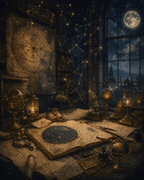 Astronomer's study under moonlight