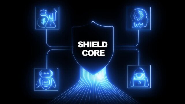 Shield core cybersecurity concept with neon digital interface and data protection