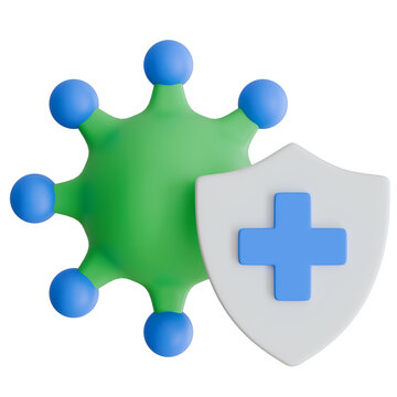 3D virus molecule protected by a medical cross shield icon isolated on transparent background.