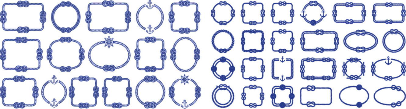 Set of nautical rope frames and borders with sailor knots for marine themed designs