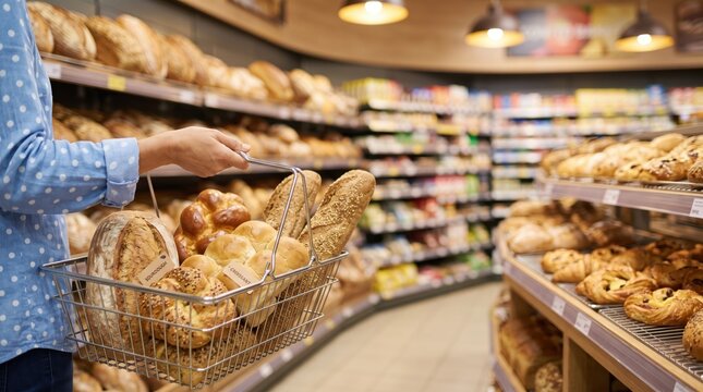 Customer shopping for fresh bakery bread in supermarket aisle, holding wire basket with baguette and rolls, grocery store interior, food retail, healthy eating and daily nutrition
