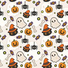 Fototapeta premium Cute Halloween Seamless Pattern with Ghost, Pumpkin, Black Cat, Spider and Candy Vector Illustration