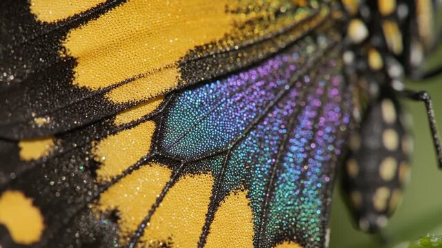 Detailed Macro View of a Butterfly Wing's Iridescent Scales and Yellow Patterns