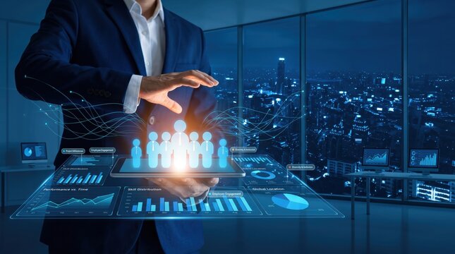 Business executive analyzing human resources data on holographic tablet, employee engagement metrics and performance charts displayed over modern city skyline background at night