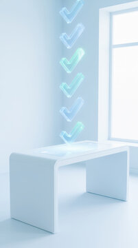 Minimalist white desk with glowing check marks suggesting healthcare insurance approval and organized service