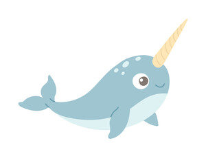 Adorable Cartoon Narwhal Whale Isolated on White Background in Cute Flat Vector Style – Perfect for Kids Book Illustrations, Nursery Wall Art, Prints, and Pattern Design © VectCover