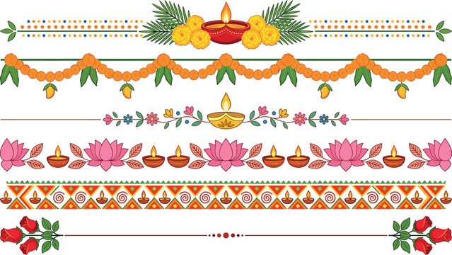 Indian festive Diwali borders collection set with marigold toran garlands diya oil lamps and lotus flowers