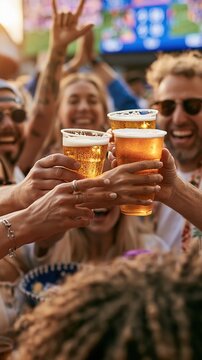 Excited friends toasting with beer at a lively outdoor event or sports game celebration