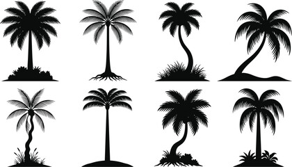 Fototapeta premium Palm Tree Silhouettes with Curved Trunks and Tropical Fronds for Exotic Landscape Illustration and Botanical Design Projects