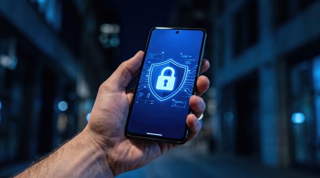 Hand holding smartphone with digital security shield and lock icon on screen, cyber protection concept