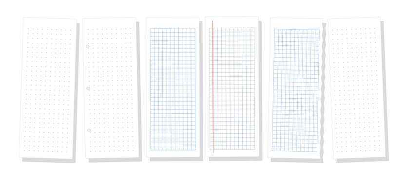 Dot grid and graph paper set vector, six realistic white bullet journal and squared sheets with punched holes and torn edges for planner note design isolated