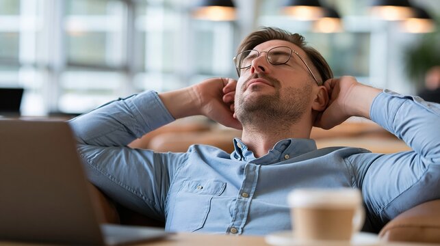 Relaxed man in casual shirt leaning back with eyes closed in a cafe, hands behind head, laptop nearby