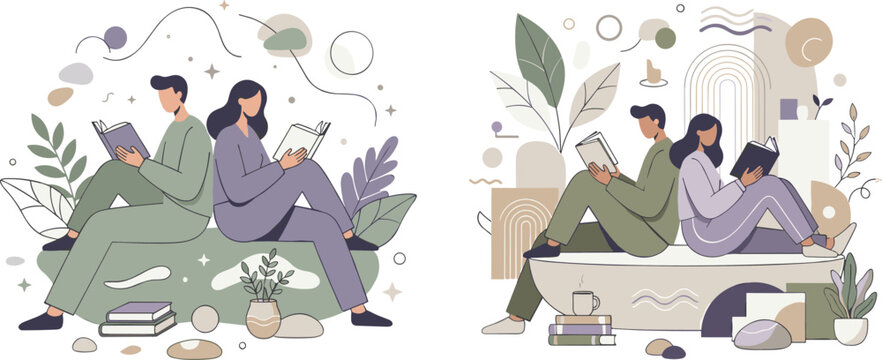 People Reading Books Together in Cozy Abstract Botanical Setting for Education Literature and Book Club Vector Illustration Design