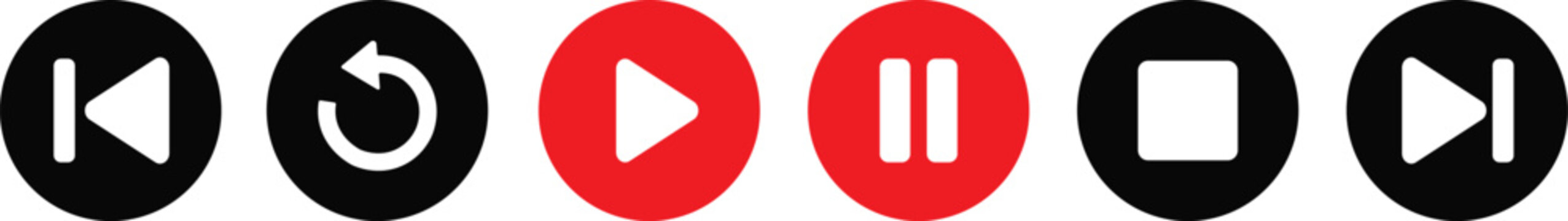 Set of media player control buttons with play pause stop and skip icons in black and red circles