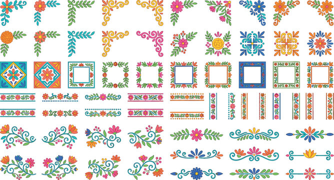 Mexican folk art floral borders vector set featuring colorful Talavera tiles frames corners text dividers and traditional embroidery patterns isolated on white background