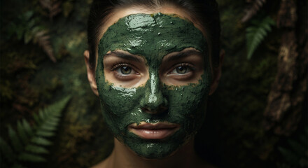 Obraz premium Dramatic, close-up artistic shot of a model's face covered in a deep green spirulina and avocado mud mask.