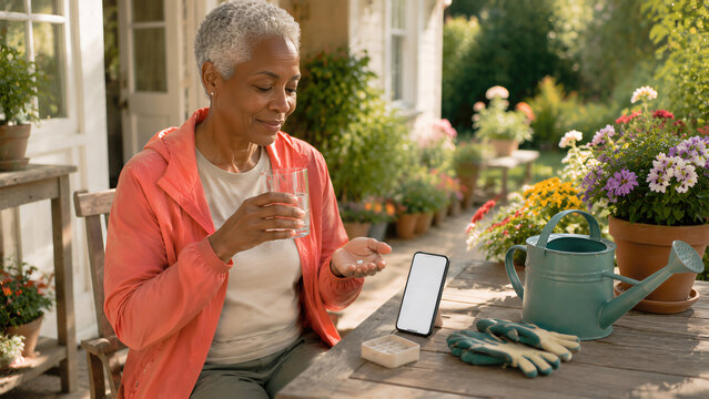 Woman smiling outdoors near market plants, medication reminder notification, active healthy lifestyle despite chronic condition