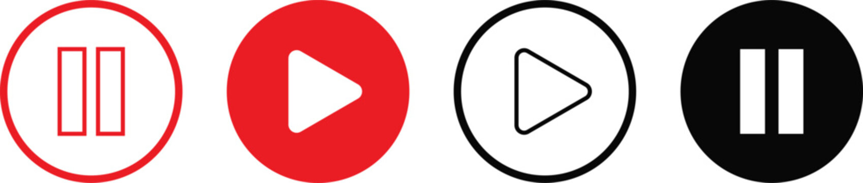 Set of play and pause media control buttons with circular icons in red and black colors