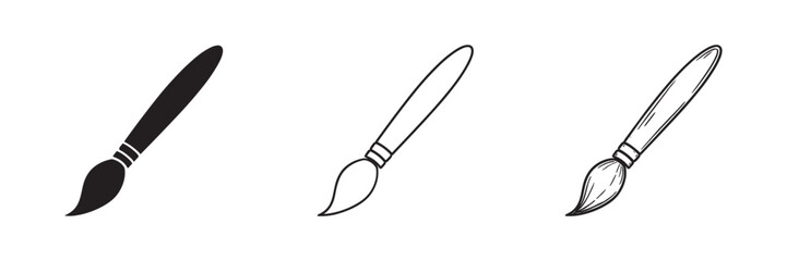 Fototapeta premium Artistic paint brush icon set. Painting, renovation, and art tool symbol. solid, outline and hand drawn sketch styles
