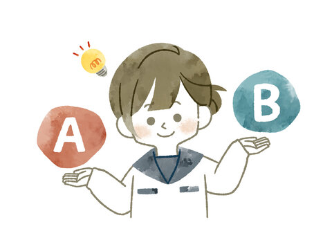 比較をしている笑顔の女子学生-水彩
