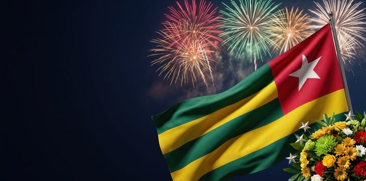 Waving flag of togo with green and yellow stripes, red square, and white star against a dark night sky background, with colorful exploding, fireworks and a, floral bouquet arrangement