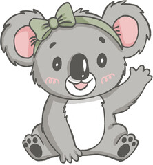 Fototapeta premium Cute koala with green bow on head smiling and waving paw, sitting with pink cheeks and soft fur expression