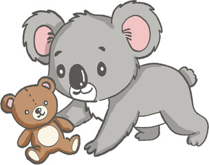 Naklejka premium Cute gray koala playing with brown teddy bear toy, joyful and friendly animal character with soft fur and big ears