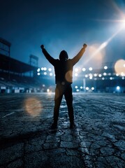 Fototapeta premium Silhouette of a Triumphant Man with Arms Raised in an Empty Stadium at Night with Dramatic Lighting