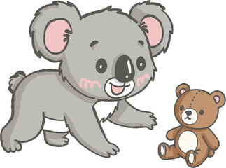 Fototapeta premium Cute koala with pink cheeks reaching for brown teddy bear, playful and friendly animal character with soft fur