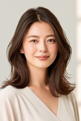 Fototapeta premium Portrait of a young, smiling Japanese woman with healthy brown hair and soft, natural makeup, looking directly at the camera with a friendly expression.