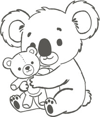 Fototapeta premium Koala holding teddy bear with cute expression, adorable animal friendship concept, simple line art drawing