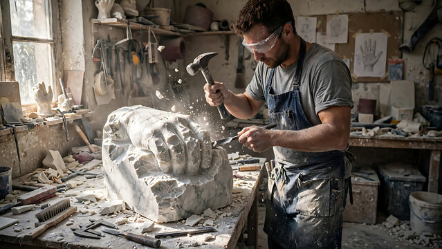 Professional male sculptor carving a detailed stone sculpture in a rustic artist workshop