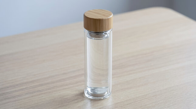 Glass bottle wooden cap clear liquid minimal eco concept esg on wood table