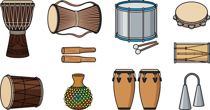 Traditional percussion musical instruments vector set featuring djembe talking drum congas snare tambourine agogo bell and shekere isolated on white background