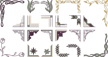 Naklejka premium Elegant Vintage Decorative Corner and Border Collection with Floral Ornaments, Art Nouveau Frames, Botanical Elements, and Classic Design Templates