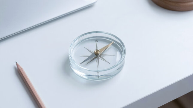 Compass on white desk with pencil esg concept for sustainable planning and direction
