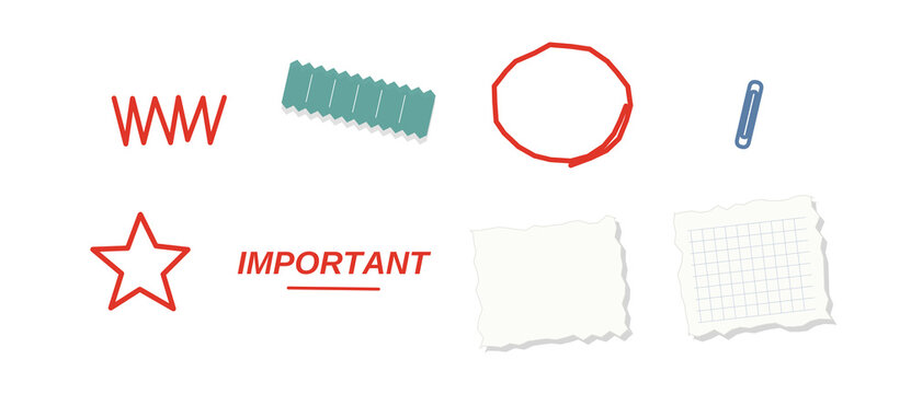 Ripped note kit set vector, torn white and grid papers with washi tape, red marker circles, stars and words for reminder scrapbook memo design isolated on transparent