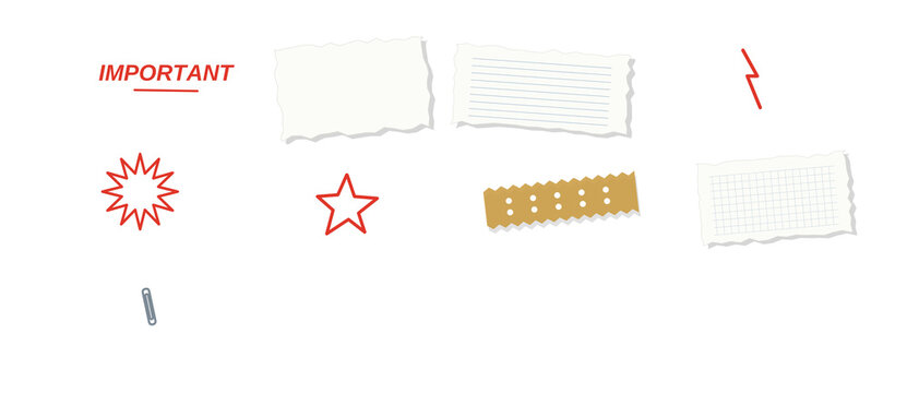 Ripped notebook paper set vector, torn lined and grid note papers with washi tape, red marker stars, bursts and words for scrapbook journal design isolated on transparent