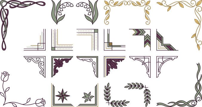 Elegant Vintage Decorative Corner and Border Collection with Floral Ornaments, Art Nouveau Frames, Botanical Elements, and Classic Design Templates