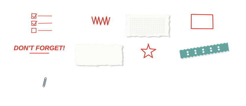 Note paper doodle set vector, torn grid and plain papers with washi tape, red marker stars, boxes, words and checklists for planner reminder design isolated