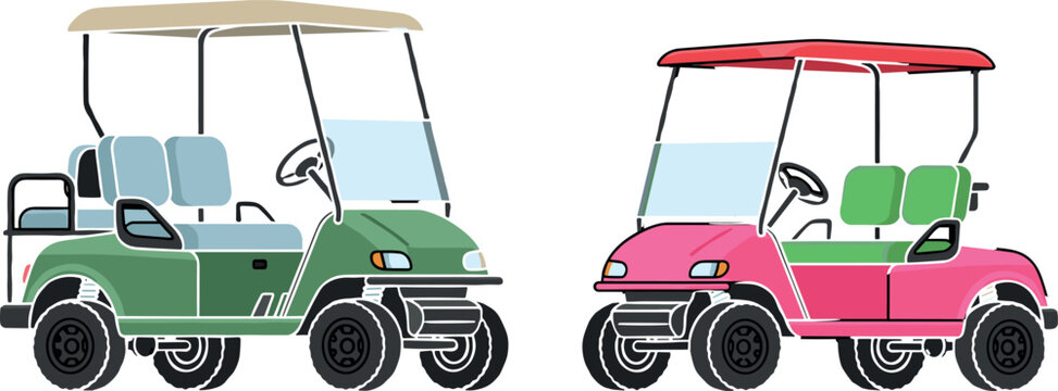 Golf Cart Vector Set featuring Green and Pink Electric Buggy Cars Side View Illustration