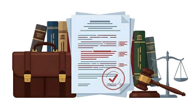 Legal justice concept illustration with judge gavel scales books and documents